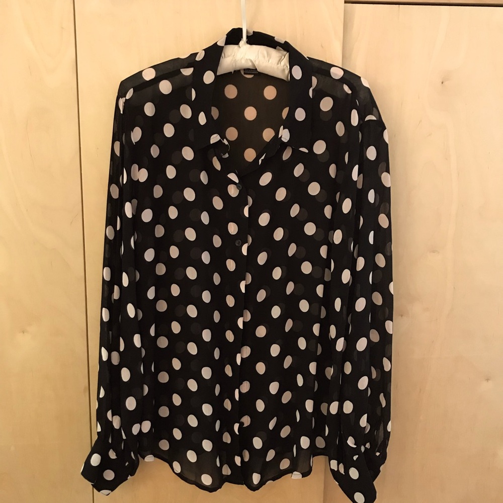 Sanctuary sheer black with soft pink polka dot blouse. US size woman’s large.